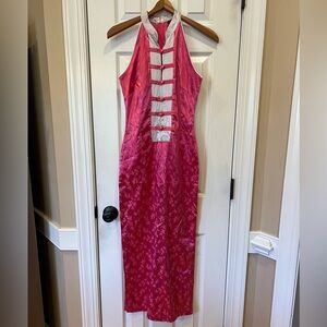 Just in Time USA Vintage Pink Chinese Oriental Silk Long Dress with Collar Small